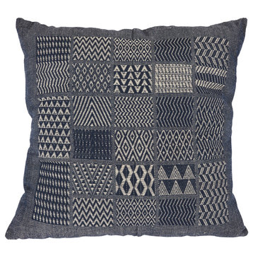 Artisan Hand Loomed Cotton Square Pillow, Indigo Blocks, 24"