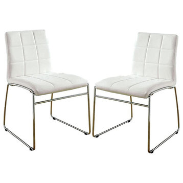 Set of 2 Dining Chair, Chrome Base & Square Tufted Faux Leather Seat, White