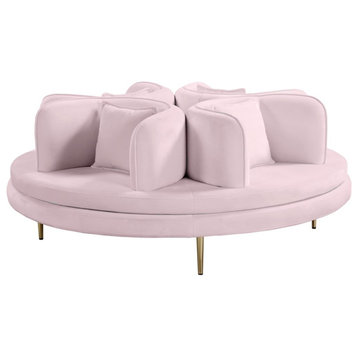 Pemberly Row Contemporary Velvet Roundabout Sofa with Iron Legs in Pink