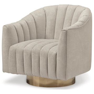 Swivel Accent Chair, Brass Metal Base With Channel Tufted Upholstered, Beige
