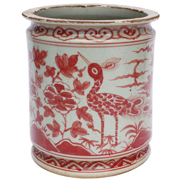 Legend of Asia Coral Red Orchid Pot With Bird Motif 1396-R