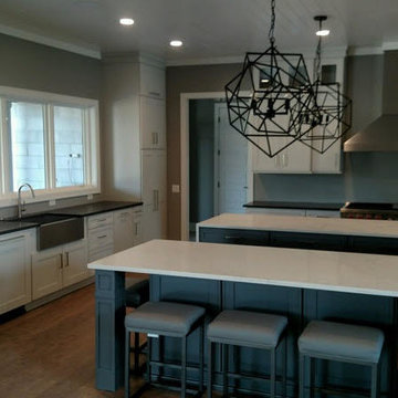 Brown Antique Leathered Granite with Calacatta Fantasy Quartz