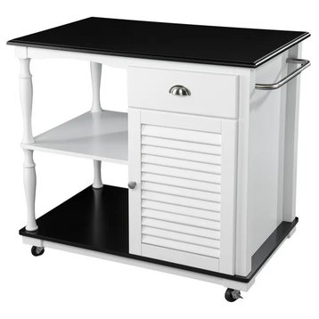Classic Kitchen Cart, Carved Column Support & Louvered Cabinet Door, Black/White