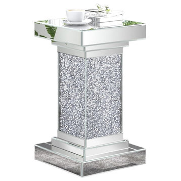 Elegant Side Table, Mirrored Design With Square Top & Crushed Faux Diamond Base