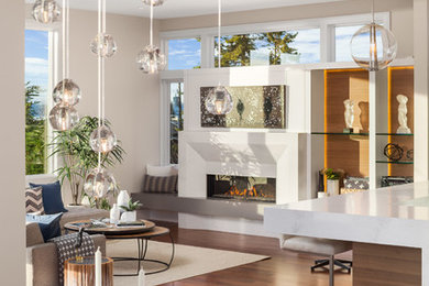 Huge trendy open concept medium tone wood floor and brown floor living room photo in Seattle with beige walls, a ribbon fireplace and a stone fireplace