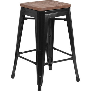 24" Backless Metal Counter Height Stool With Square Wood Seat, Black