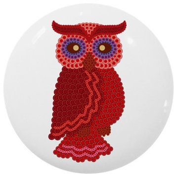 Red Button Owl Ceramic Cabinet Drawer Knob