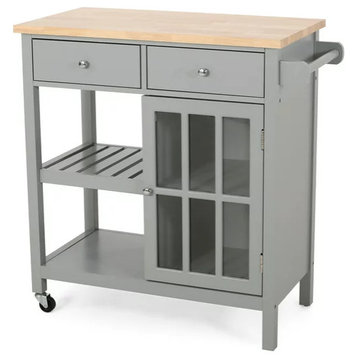 Contemporary Kitchen Cart, Windowpane Door & 2 Drawers With Natural Top, Gray