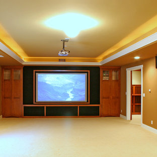 Medium sized traditional enclosed home cinema in San Francisco with yellow walls, carpet and a projector screen.