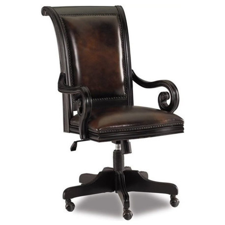 Bowery Hill Rustic Wood/Leather Swivel Office Chair in Black/Reddish Brown