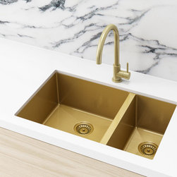 LAVELLO by MEIR | BRUSHED BRONZE GOLD KITCHEN SINK - ONE AND HALF BOWL 670 X 440 - Kitchen Sinks