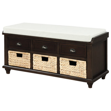 TATEUS 42" Rustic Storage Bench With 3 Drawers and 3 Rattan Baskets, Espresso