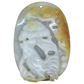 Green Yellow Jade Pendant With Lucky Zodiac Rooster, Bat & Fortune Figure