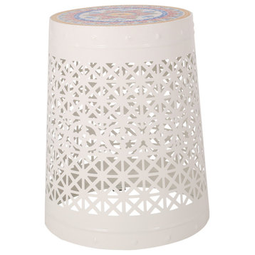 Jeremias Outdoor Lace Cut Side Table With Tile Top, White, Multi-Color