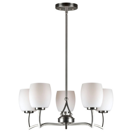 5 Light Chandelier, Brushed Nickel, White Glass