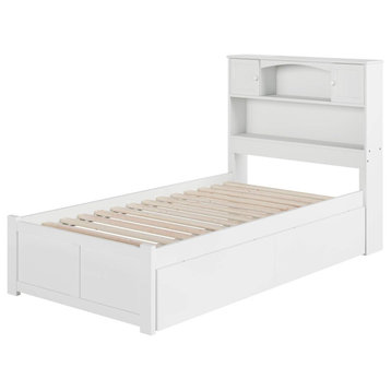 Twin Platform Bed, Hardwood Headboard With Cabinets & Open Shelf, White