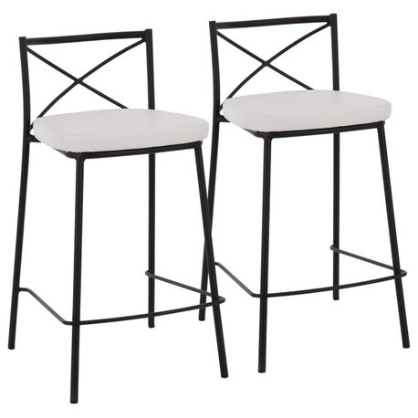 Modern Charlotte Counter Stool, Set of 2, Black Metal, White PU