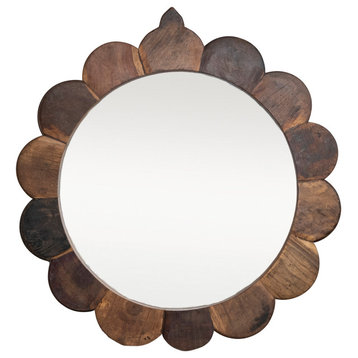 35 Inches Round Vintage Reclaimed Wood Framed Scalloped Wall Mirror, Natural