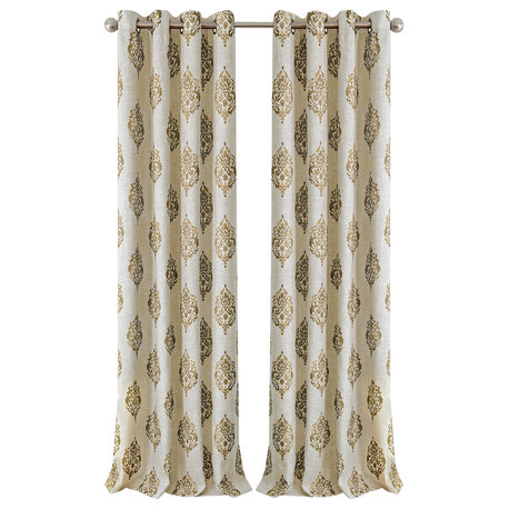 Navara Medallion Room Darkening Window Curtain, Natural, 52"x95"