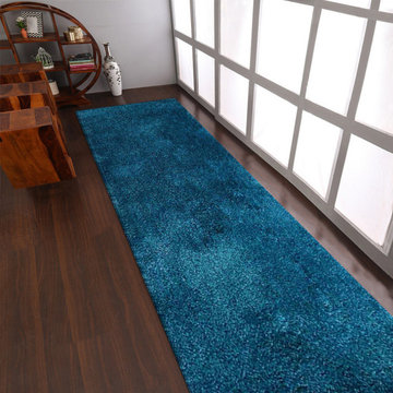 Hand Tufted Shag Polyester Area Rug Solid turquoise