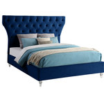 Meridian Furniture - Kira Velvet Upholstered Bed, Navy, Queen - Bring this Kira velvet bed into your space to give your room an instant style boost. This stunning queen-sized bed features soft navy velvet upholstery, including the headboard and sideboards. Deep button tufting draws instant visual interest into your room, adding an elegant and sophisticated element that's hard to ignore. The padded design makes sitting up in bed to read or watch TV a more luxurious and comfortable endeavor. Elegant turned feet made from acrylic add a modern finish to the bed.