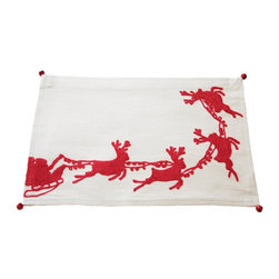 Xia Home Fashions - Santa's Sleigh With Bells&Reindeer Crewel Holiday Double Layers Placemat - Placemats