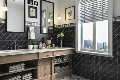 Bathroom - modern black and white tile and mosaic tile porcelain tile and multicolored floor bathroom idea in Orange County with multicolored walls