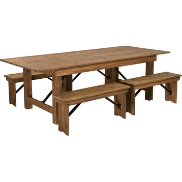 HERCULES 8' x 40'' Antique Rustic Folding Farm Table and Four 40.25"L Bench Set