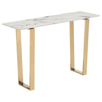 Modern White Marble Sofa Console Table, Brass Gold Base