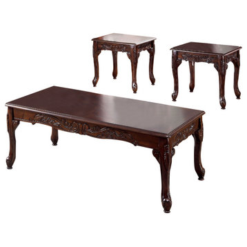 3 Piece Occasional Wooden Table Set With Engraved Details, Cherry Brown