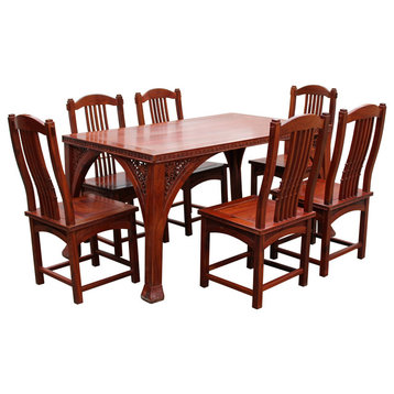 Chinese Yellowish Brown Rosewood Rectangular Dining Table Set 6 Chairs Hcs4887