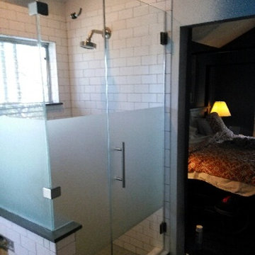 90 degree frameless shower with custom etching/frosting
