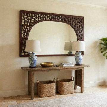 Chinese Reddish Brown Stain Geometric Scenery Carving Wood Frame Wall Mirror cs3