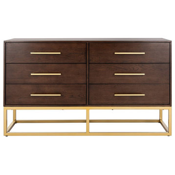 Contemporary Dresser, Geometric Metal Legs With 6 Storage Drawers, Walnut/Gold