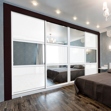 Modern Bypass Sliding Doors with White Glass & Mirror Glass Panels Inserts, 144"x96" Inches