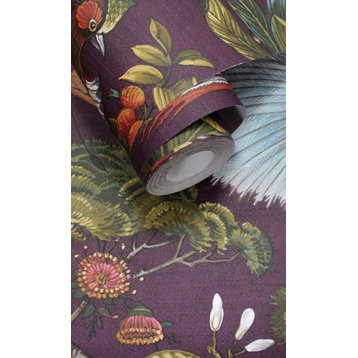 Painted Oriental Birds and Trees Tropical Wallpaper, Plum, Double Roll