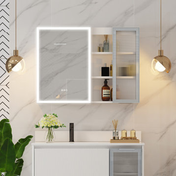 Solid Wood Bathroom Medicine Cabinet With Lights, Defogger, White, 36"x28"