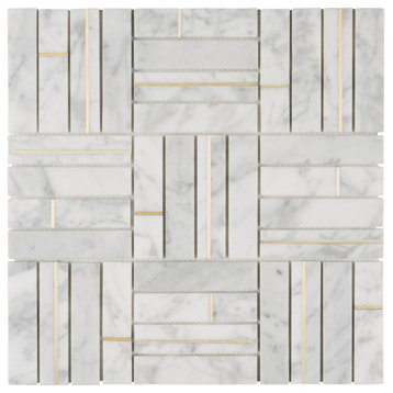 Modket White Carrara Gold Metal Inlay Parquet Mosaic Tile Backsplash TDH565