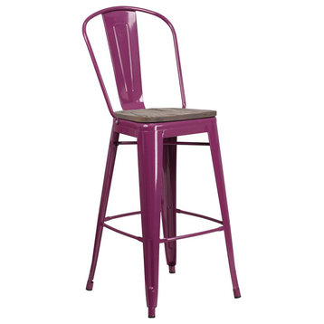 Flash Furniture 30" Metal Bar Stool in Purple and Wood Grain