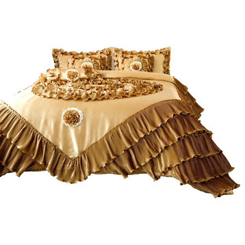 Gold Caramel Latte Ruffle Faux Satin Comforter Set, Cal King