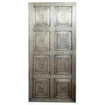 Mogul Interior - Consigned Sliding Barn Door Burnished Brass Cladded Carved Interior Door 80 - Bring drama, artistry, and texture into your space with this stunning Sliding Barn Door, exquisitely handcrafted and cladded in burnished brass for a bold, elevated aesthetic. Intricate hand-carved woodwork peeks through the warm, golden tones of the aged metal, creating a rich interplay of materials that evokes both vintage opulence and modern sophistication.