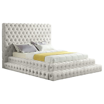 Revel Velvet Upholstered Bed, Cream, Queen