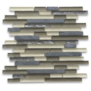 Glass Mosaic Tile Tan Beige Grey Glass Mix Gray Slate Random Brick, 1 sheet