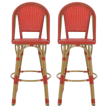 Cotterell Outdoor French Wicker and Aluminum 29.5" Barstools, Set of 2, Red/Bamboo Finish