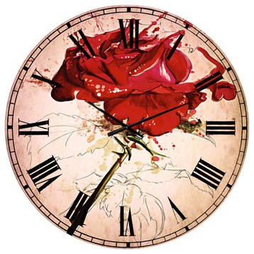 Rose Sketch With Stem On White Flower Round Metal Wall Clock, 36x36