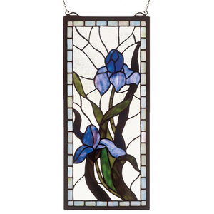Handcrafted stained glass Beveled Iris Flowers window panel 34.75"  x 20.5" 