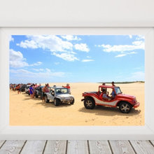 Beach buggies parked in row on sand, Galinhos - RN, Brazil. Downloadabl