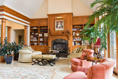 Large living room photo in Columbus with white walls