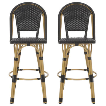 Cotterell Outdoor French Wicker and Aluminum 29.5" Barstools, Set of 2, Black/Bamboo Finish