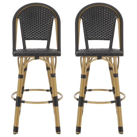 Cotterell Outdoor French Wicker and Aluminum 29.5" Barstools, Set of 2, Black/Bamboo Finish